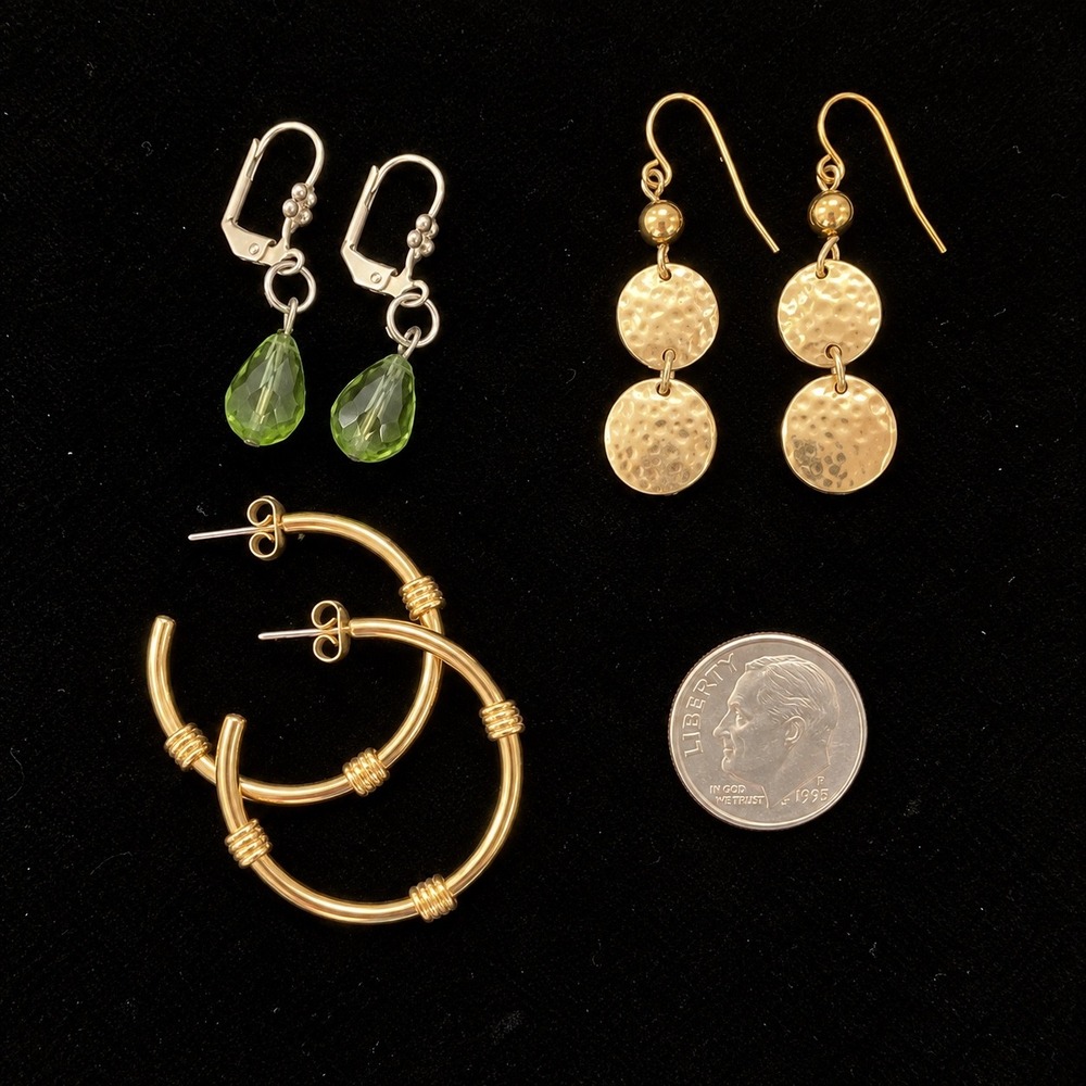 Mixed Earring Set Womens Gold Silver Green Hammered Hoop Dangle 3 Pairs
